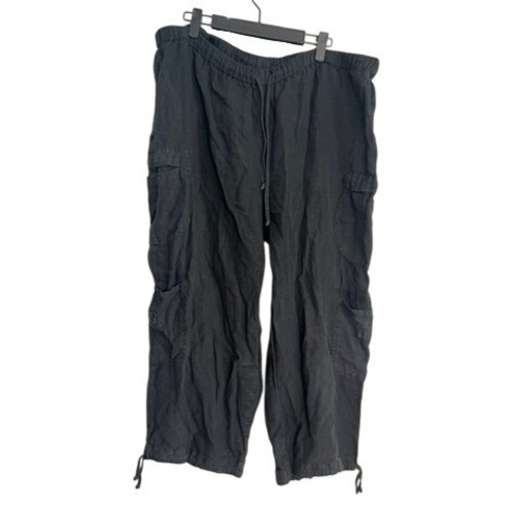 FLAX 100% Linen Cargo Pants Black Drawstring Crop Utility Trousers Boho Granola